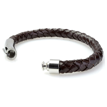 Braided Brown Leather Mens Bracelet 8 MM 8.50 Inches with Stainless Steel Magnetic Clasp - Birthstone Company