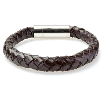 Braided Brown Leather Mens Bracelet 8 MM 8.50 Inches with Stainless Steel Magnetic Clasp - Birthstone Company