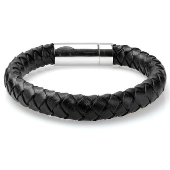 Braided Black Leather Mens Bracelet 8 MM 8.50 Inches with Stainless Steel Magnetic Clasp - Birthstone Company