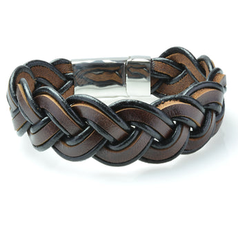 Braided Brown Leather Mens Bracelet 6 MM 8.50 Inches with Stainless Steel Magnetic Clasp - Birthstone Company