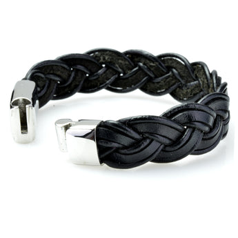 Braided Black Leather Mens Bracelet 6 MM 8.50 Inches with Stainless Steel Magnetic Clasp - Birthstone Company