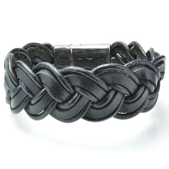 Braided Black Leather Mens Bracelet 6 MM 8.50 Inches with Stainless Steel Magnetic Clasp - Birthstone Company