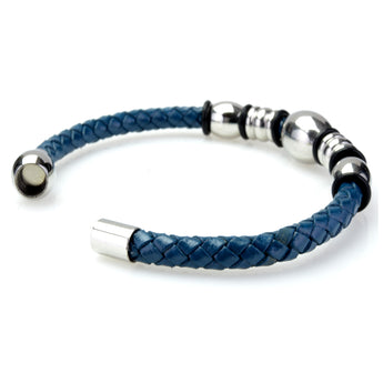 Braided Dark Blue Leather Mens Bracelet 6 MM 8.50 Inches with Stainless Steel Magnetic Clasp - Birthstone Company