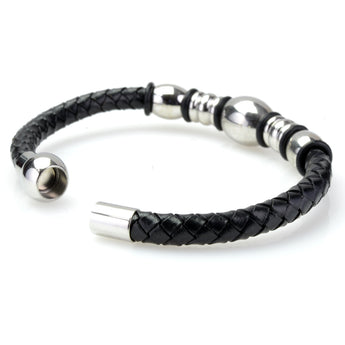 Braided Black Leather Mens Bracelet 6 MM 8.50 Inches with Stainless Steel Magnetic Clasp - Birthstone Company