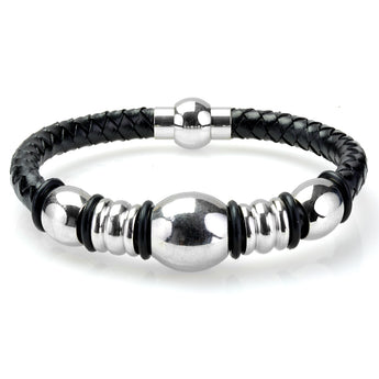 Braided Black Leather Mens Bracelet 6 MM 8.50 Inches with Stainless Steel Magnetic Clasp - Birthstone Company