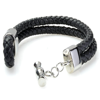 Braided Black Leather Mens Bracelet 10 MM 8.50 Inches with Stainless Steel Magnetic Clasp - Birthstone Company