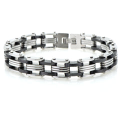 Stainless Steel with Black Rubber Mens Chain Link Bracelet 8.50 inches - Birthstone Company