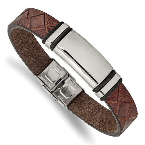Stainless Steel Polished Brown Faux Leather With Black Rubber ID Bracelet - Birthstone Company