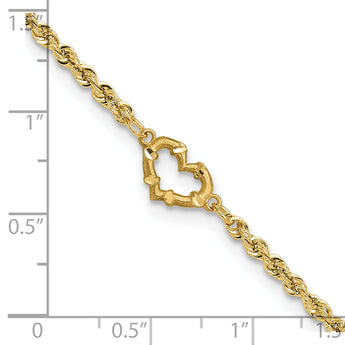 10k Diamond-cut Open Heart Rope 9inch Anklet