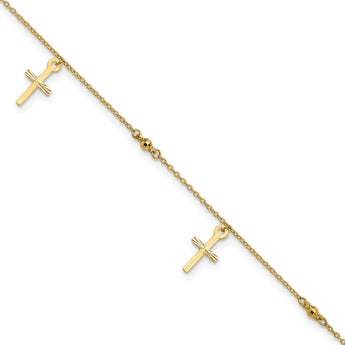 10k Polished and Textured Cross 9in Plus 1in ext. Anklet