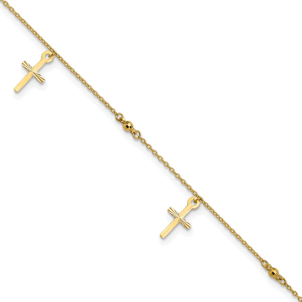 10k Polished and Textured Cross 9in Plus 1in ext. Anklet