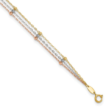 10k Tri-color 3-Strand Diamond-cut Beaded 9in Plus 1in ext Anklet