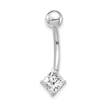 10K White Gold Belly Dangle with Square CZ Rhodium Finish