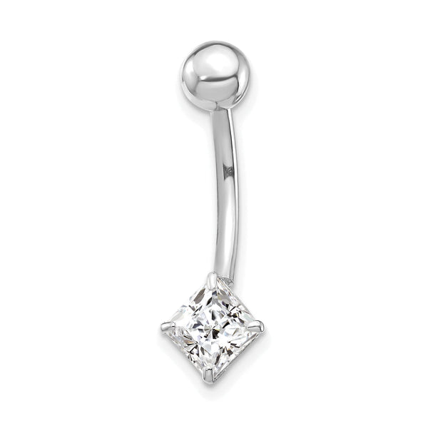 10K White Gold Belly Dangle with Square CZ Rhodium Finish