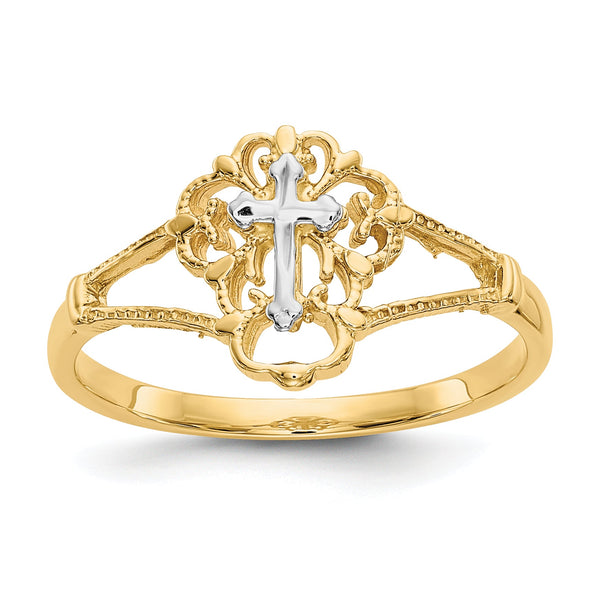 10K Two-tone Diamond Cut Cross Ring