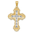 10K & Rhodium Polished & Textured Diamond Pattern Cross Pendant