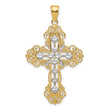 10K & Rhodium Polished & Textured Diamond Pattern Cross Pendant