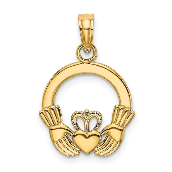 10K Polished Textured Round Claddagh Charm