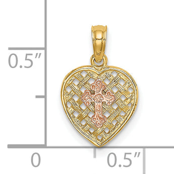10K Two-Tone Cross on Woven Heart Charm