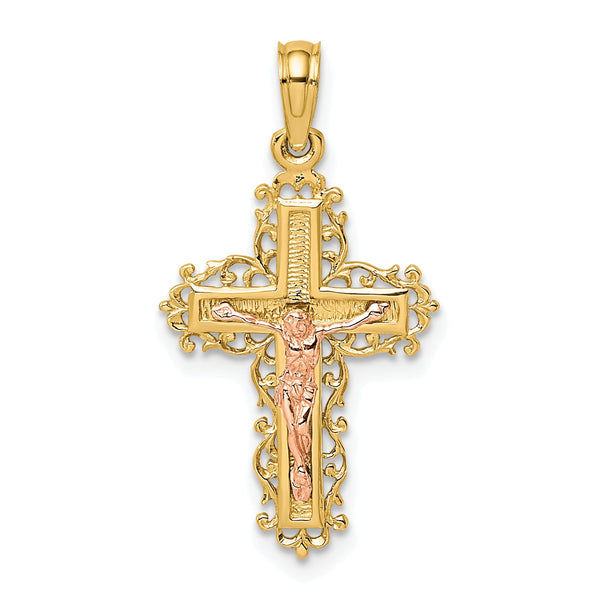 10K Two-Tone Crucifix W/ Lace Trim Charm