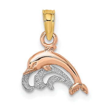 10K Two-Tone W/White Rhodium Dolphin and Wave Charm