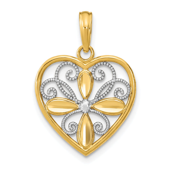 10K W/ Rhodium Beaded Filigree Fashion Heart Charm