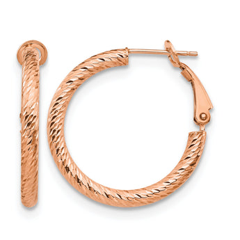 10K 3x20 Rose Gold D/C Round Omega Back Hoop Earrings - Birthstone Company