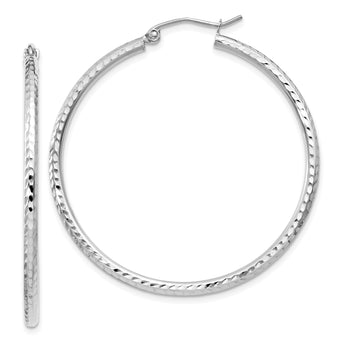 10k White Gold Diamond-cut 2mm Round Tube Hoop Earrings
