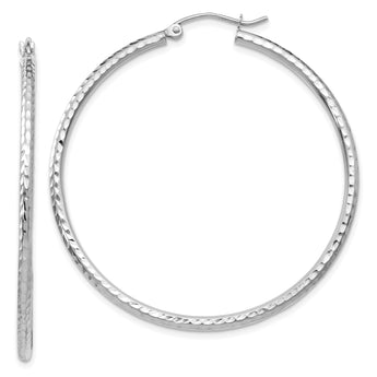 10k White Gold Diamond-cut 2mm Round Tube Hoop Earrings