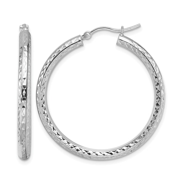 10k White Gold Diamond-cut 3mm Round Hoop Earrings - Birthstone Company