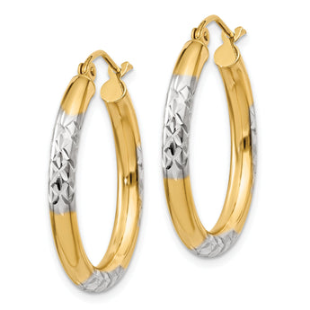 10K with Rhodium Diamond Cut 3mm Hoop Earrings