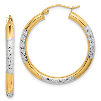 10K with Rhodium Diamond Cut 3mm Hoop Earrings