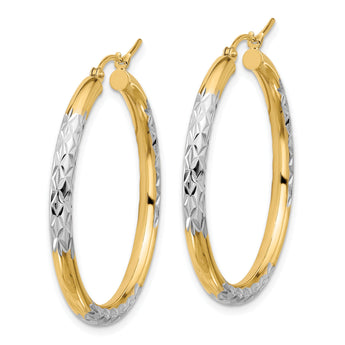 10K with Rhodium Diamond Cut 3mm Hoop Earrings