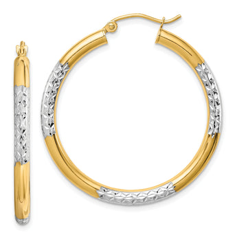10K with Rhodium Diamond Cut 3mm Hoop Earrings