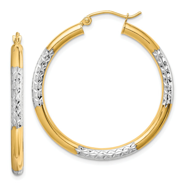 10K with Rhodium Diamond Cut 3mm Hoop Earrings