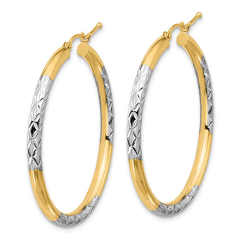 10K with Rhodium Diamond Cut 3mm Hoop Earrings