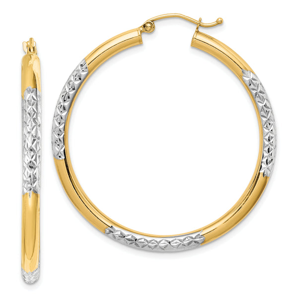 10K with Rhodium Diamond Cut 3mm Hoop Earrings