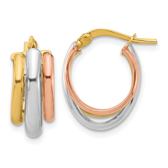 10K White/Rose Rhodium Polished 3 Row Oval Hoop Earrings