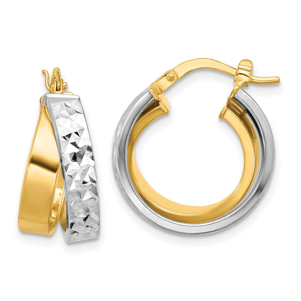 10K W/White Rhodium Polished and Diamond-cut Hoop Earrings