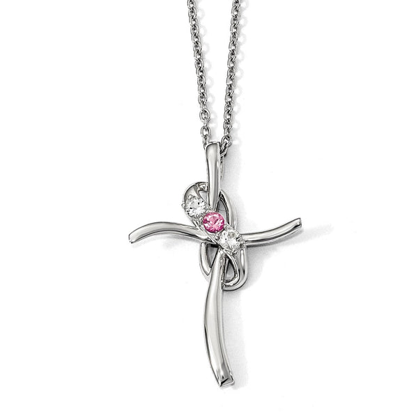 10K White Gold Cross Necklace with Pink Crystal Topaz