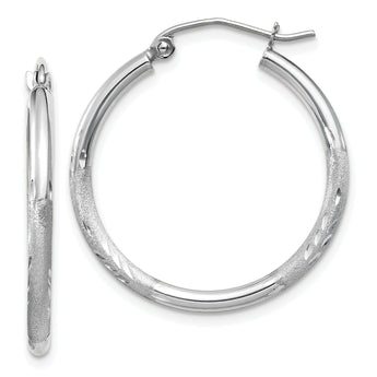 10k White Gold Satin and Diamond-cut 2mm Round Hoop Earrings