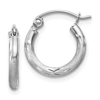 10k White Gold Satin and Diamond-cut 2mm Round Hoop Earrings