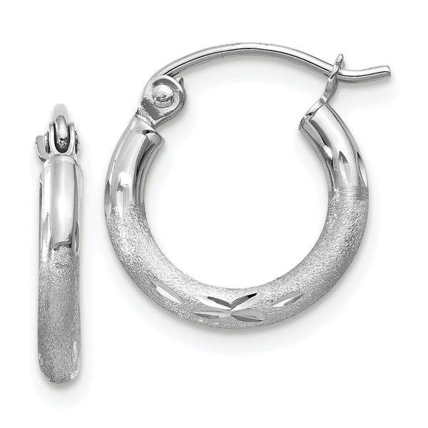 10k White Gold Satin and Diamond-cut 2mm Round Hoop Earrings