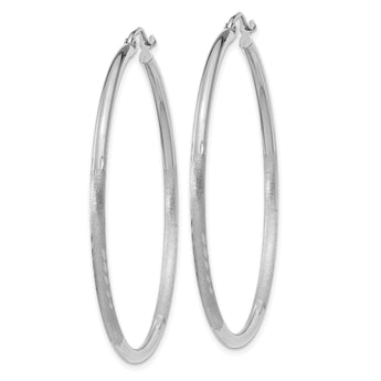 10k White Gold Satin and Diamond-cut 2mm Round Hoop Earrings