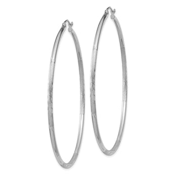 10k White Gold Satin and Diamond-cut 2mm Round Hoop Earrings