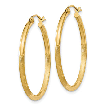 10k Satin and Diamond-cut 2mm Round Tube Hoop Earrings