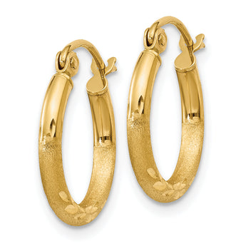 10k Satin and Diamond-cut 2mm Round Tube Hoop Earrings