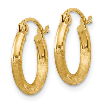 10k Satin and Diamond-cut 2mm Round Tube Hoop Earrings