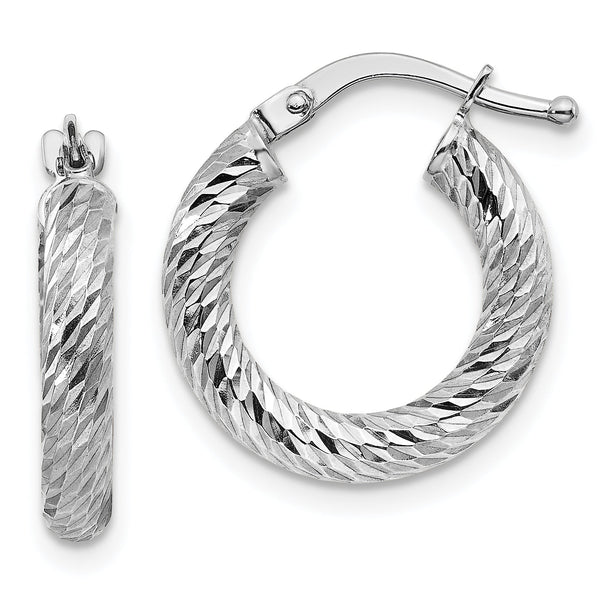 10K White Gold Diamond-Cut Hoop Earrings Polished Rhodium Finish