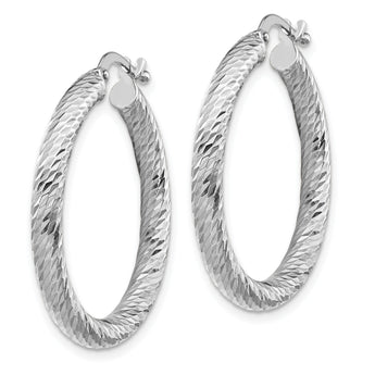 10k 3x20 White Gold Diamond-cut Round Hoop Earrings
